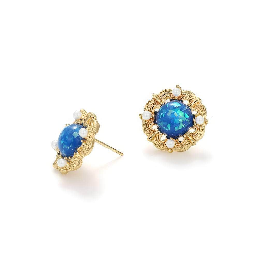 Floral Shaped Gold Accented Pearly Gemstone Stud Earrings