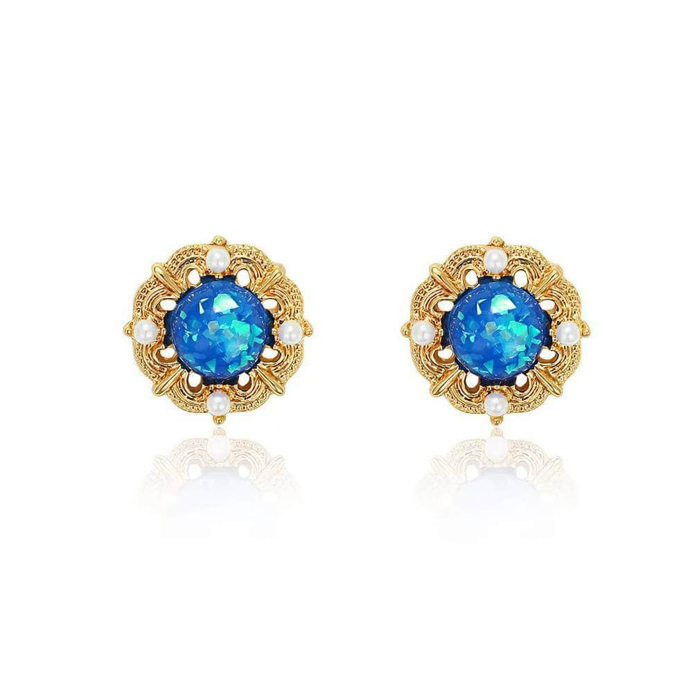 Floral Shaped Gold Accented Pearly Gemstone Stud Earrings Blue / Clip On