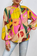 Floral Smocked Lantern Sleeve Mock Neck Blouse