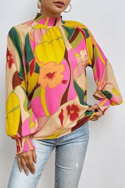 Floral Smocked Lantern Sleeve Mock Neck Blouse Multicolor / S