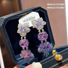 Floral Themed Paved Crystal Amethyst Gemstone Dangle Earrings Purple