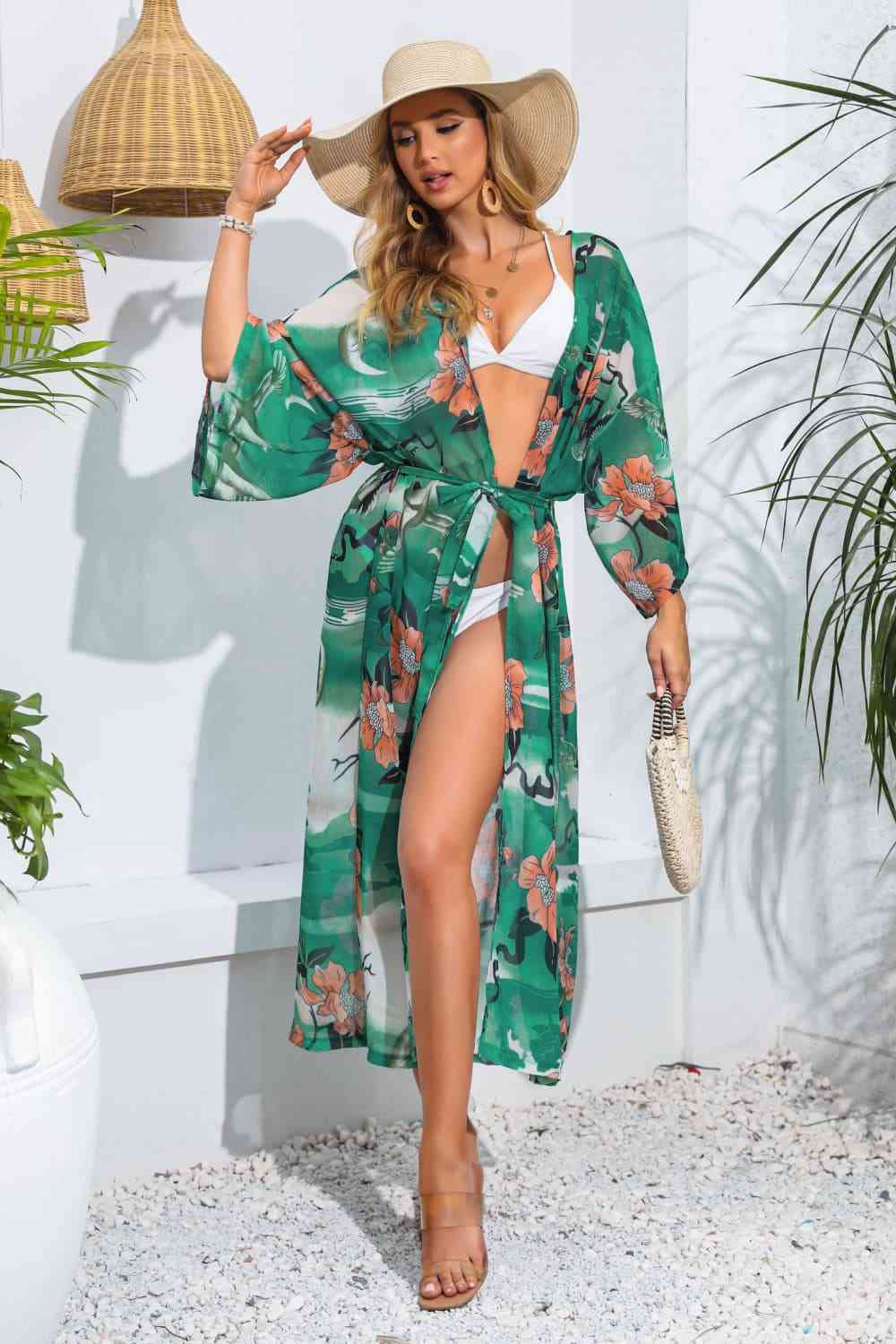 Floral Tie Waist Duster Cover Up Green / One Size