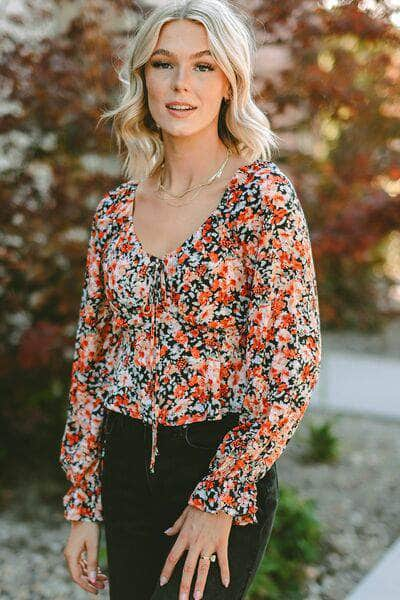 Floral Tied Flounce Sleeve Peplum Blouse Multicolor / S