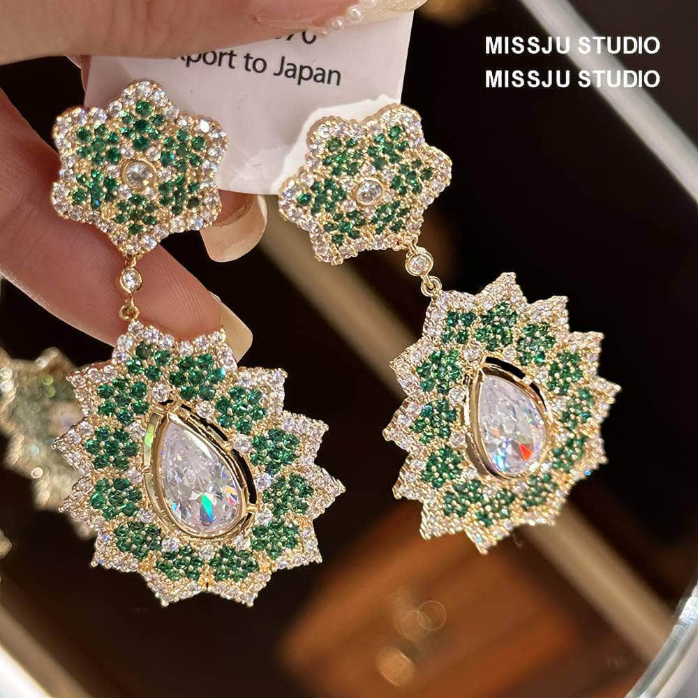 Floral Tiered Crystal Rhinestone Bezel Emerald Dangle Earrings Green