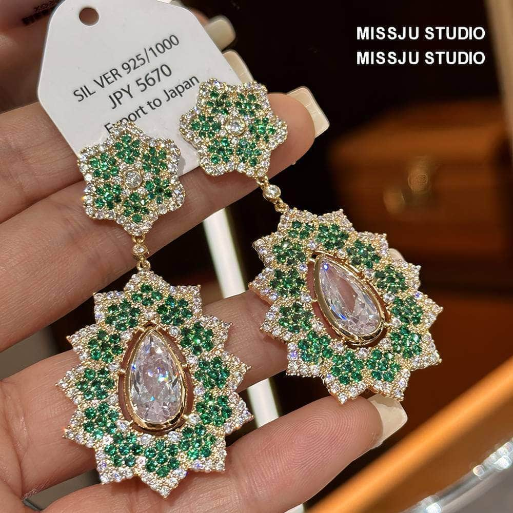 Floral Tiered Crystal Rhinestone Bezel Emerald Dangle Earrings Green