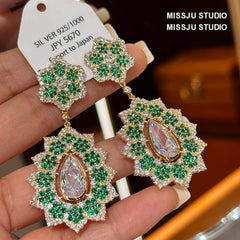 Floral Tiered Crystal Rhinestone Bezel Emerald Dangle Earrings Green