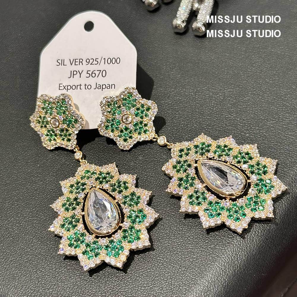 Floral Tiered Crystal Rhinestone Bezel Emerald Dangle Earrings Green