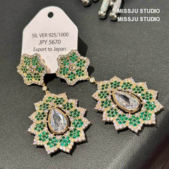 Floral Tiered Crystal Rhinestone Bezel Emerald Dangle Earrings Green