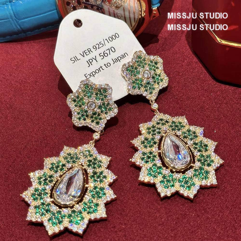 Floral Tiered Crystal Rhinestone Bezel Emerald Dangle Earrings Green