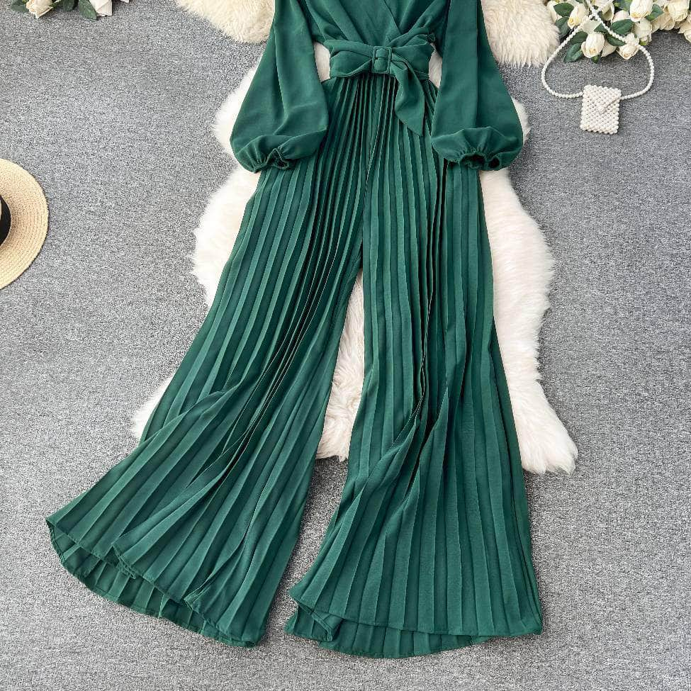 Flounce Sleeves Pleated High-Waist Maxi Jumpsuit