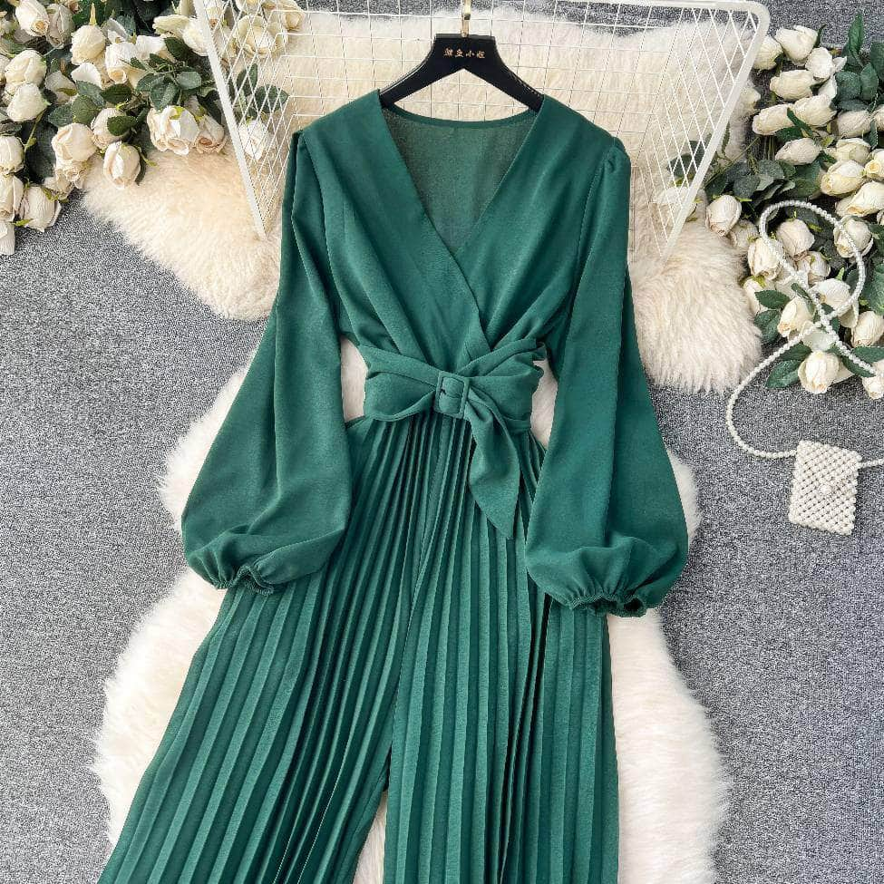 Flounce Sleeves Pleated High-Waist Maxi Jumpsuit