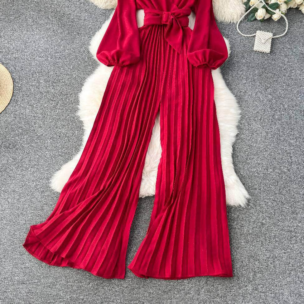 Flounce Sleeves Pleated High-Waist Maxi Jumpsuit