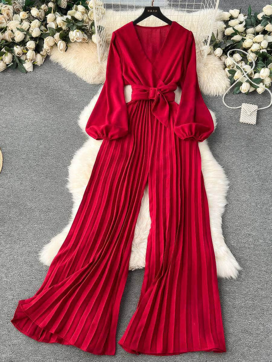 Flounce Sleeves Pleated High-Waist Maxi Jumpsuit