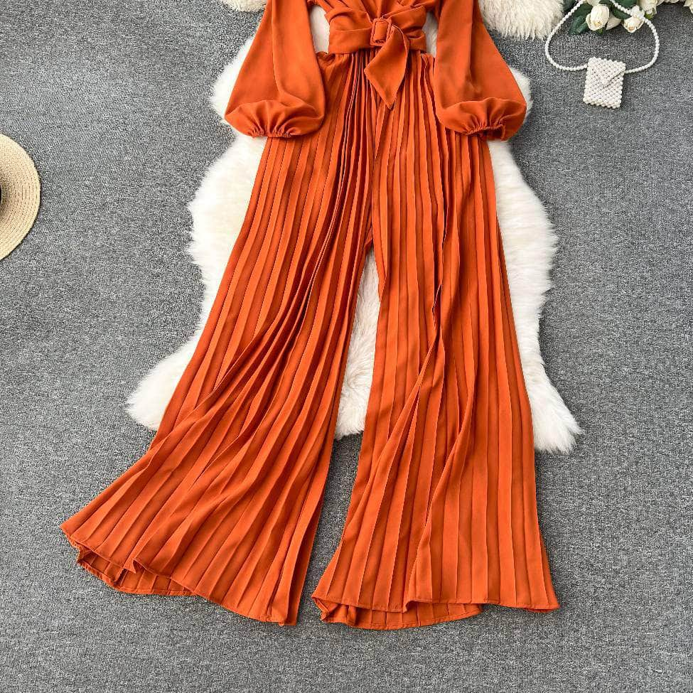 Flounce Sleeves Pleated High-Waist Maxi Jumpsuit