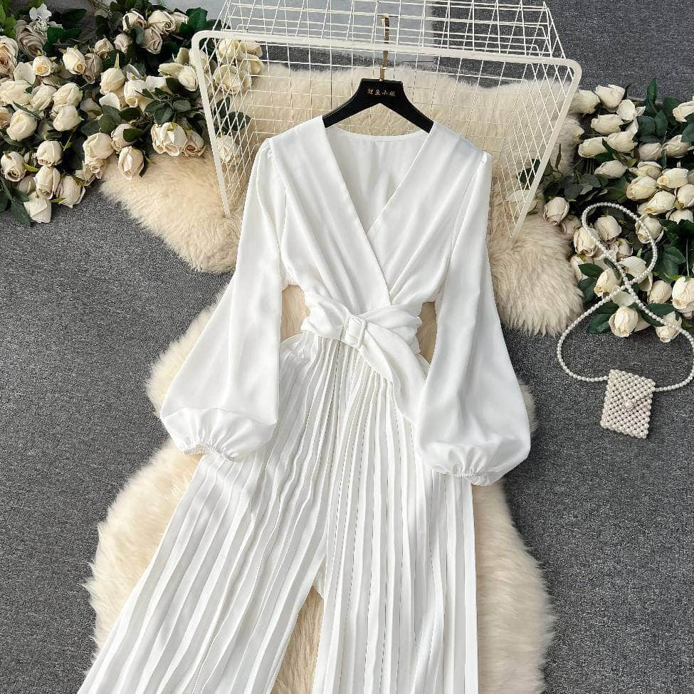 Flounce Sleeves Pleated High-Waist Maxi Jumpsuit