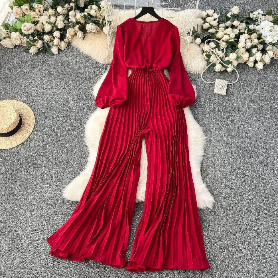 Flounce Sleeves Pleated High-Waist Maxi Jumpsuit