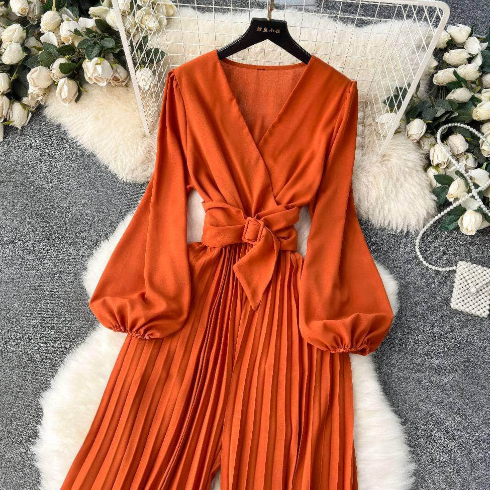 Flounce Sleeves Pleated High-Waist Maxi Jumpsuit