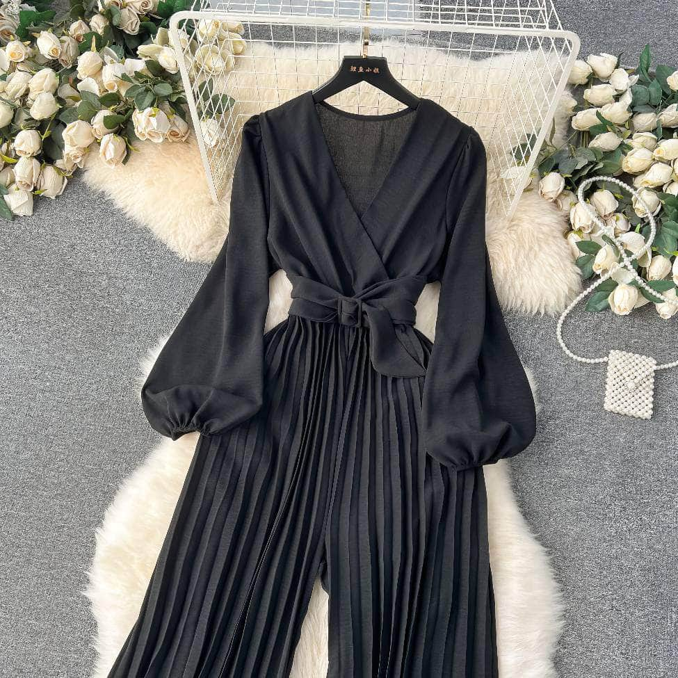 Flounce Sleeves Pleated High-Waist Maxi Jumpsuit