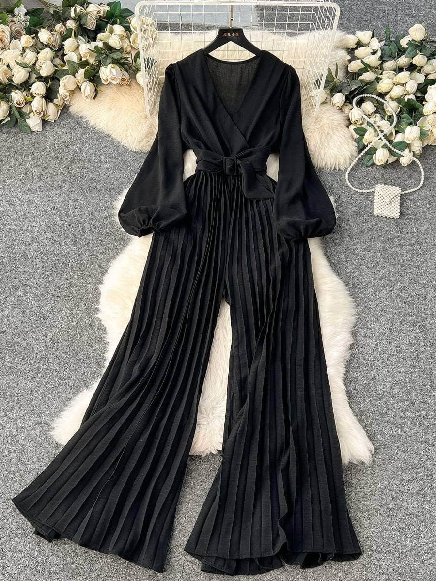 Flounce Sleeves Pleated High-Waist Maxi Jumpsuit MAX SIZE / Black