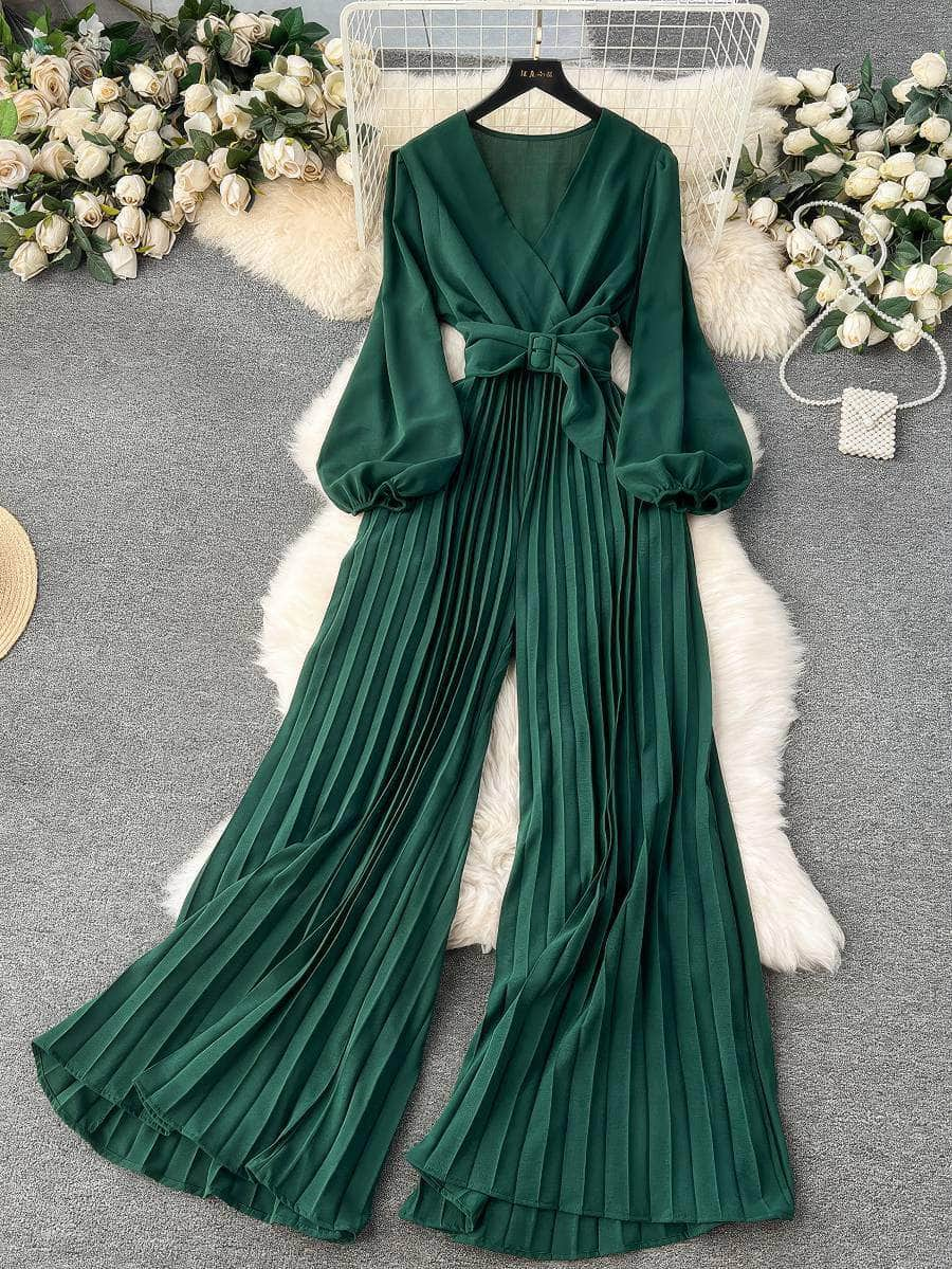 Flounce Sleeves Pleated High-Waist Maxi Jumpsuit MAX SIZE / Green