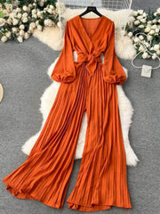 Flounce Sleeves Pleated High-Waist Maxi Jumpsuit MAX SIZE / Orange