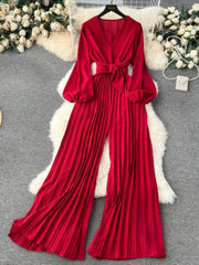 Flounce Sleeves Pleated High-Waist Maxi Jumpsuit MAX SIZE / Red