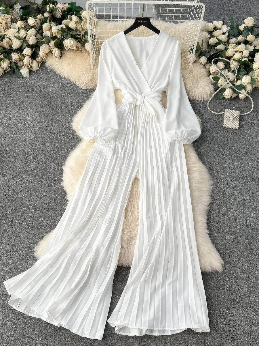 Flounce Sleeves Pleated High-Waist Maxi Jumpsuit MAX SIZE / White