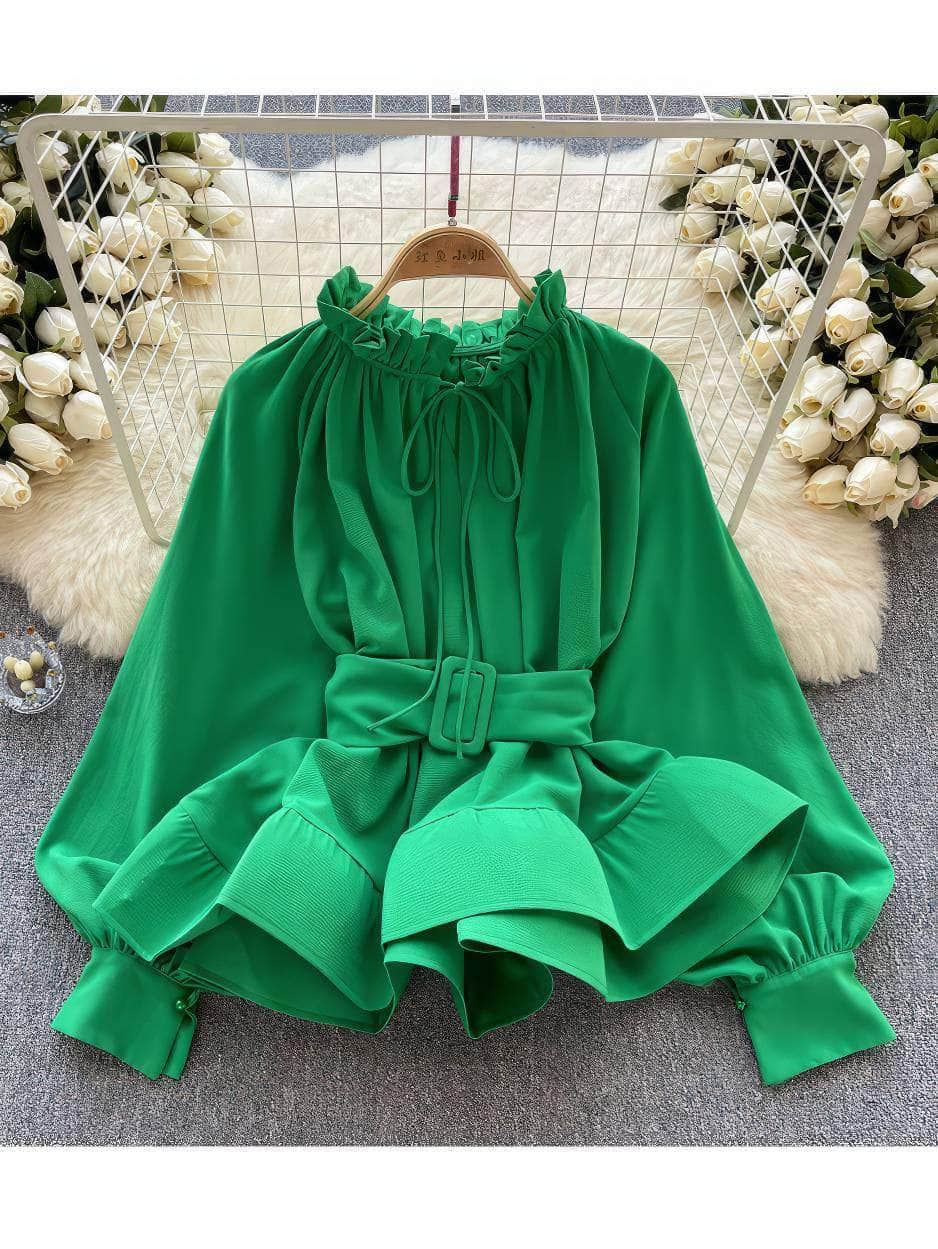 Flounce Sleeves Ruffled Mock Neck Peplum Top MAX SIZE / MediumSpringGreen