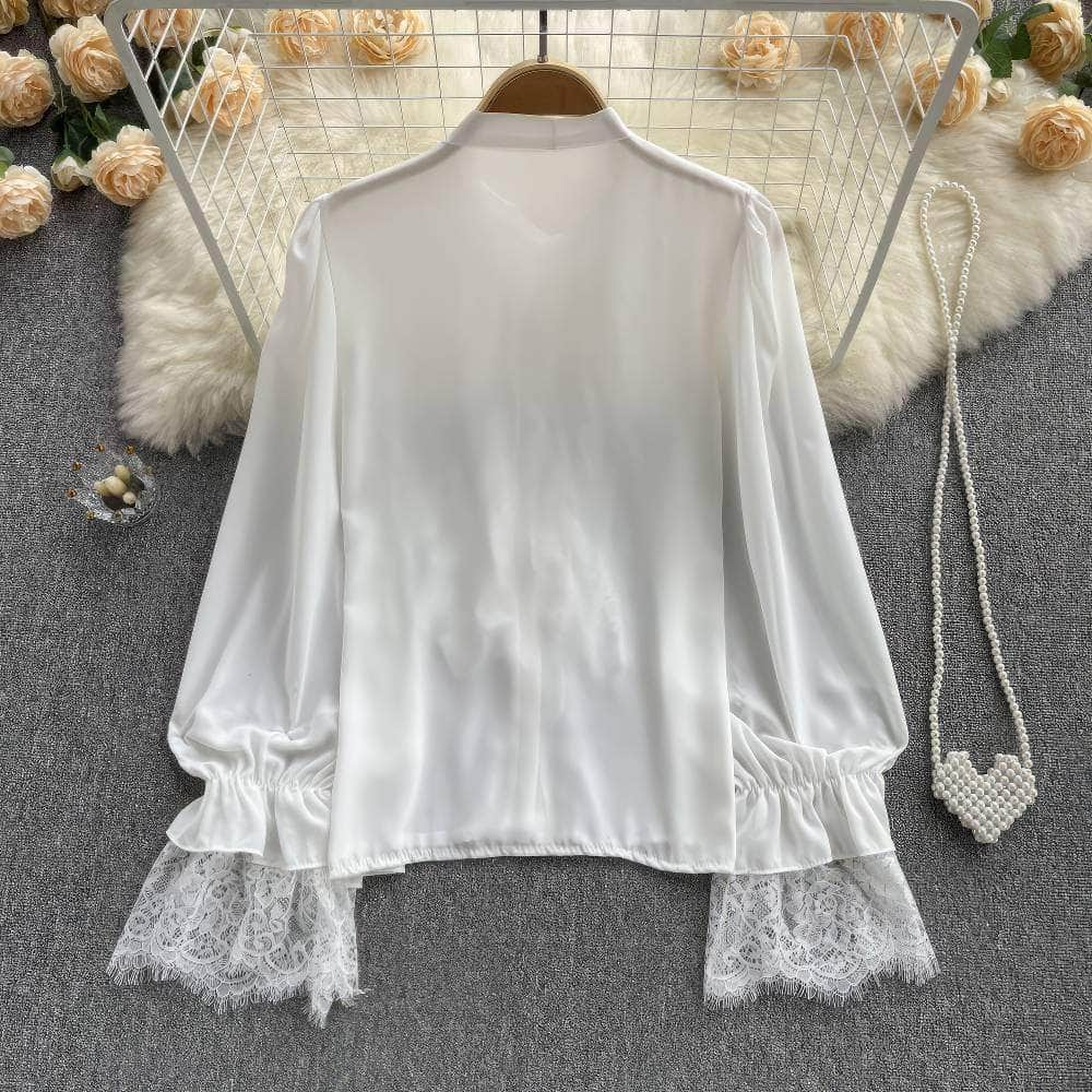 Flounce Sleeves Tie-Neck Lace Panel Blouse