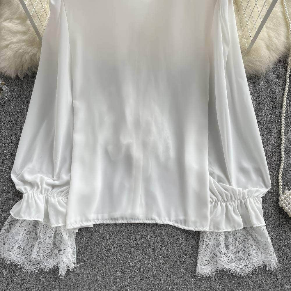 Flounce Sleeves Tie-Neck Lace Panel Blouse