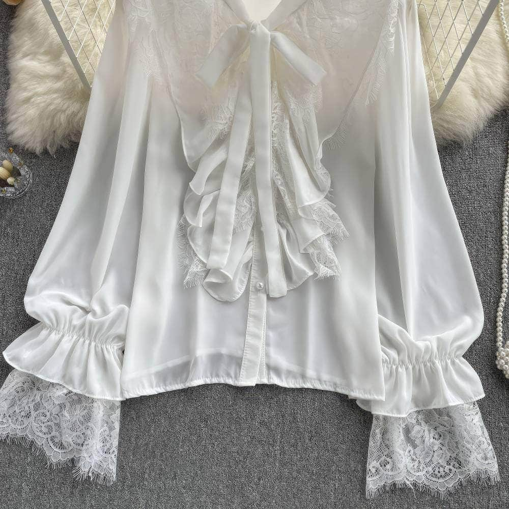 Flounce Sleeves Tie-Neck Lace Panel Blouse