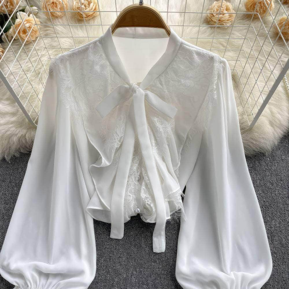 Flounce Sleeves Tie-Neck Lace Panel Blouse