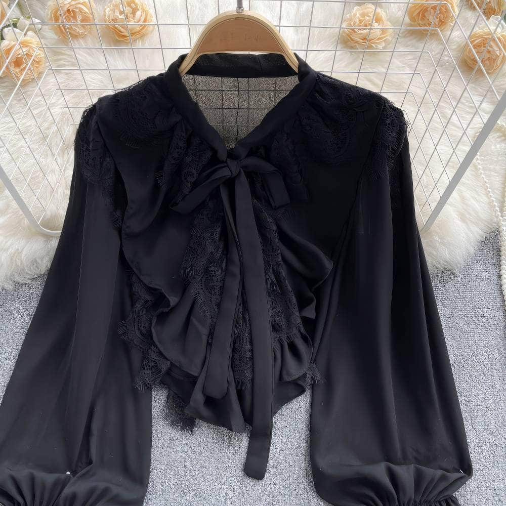 Flounce Sleeves Tie-Neck Lace Panel Blouse