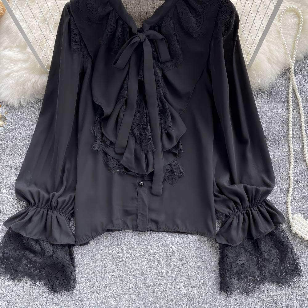 Flounce Sleeves Tie-Neck Lace Panel Blouse