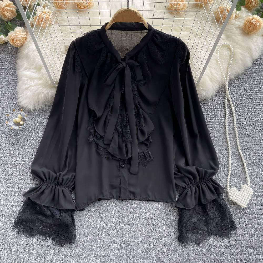 Flounce Sleeves Tie-Neck Lace Panel Blouse