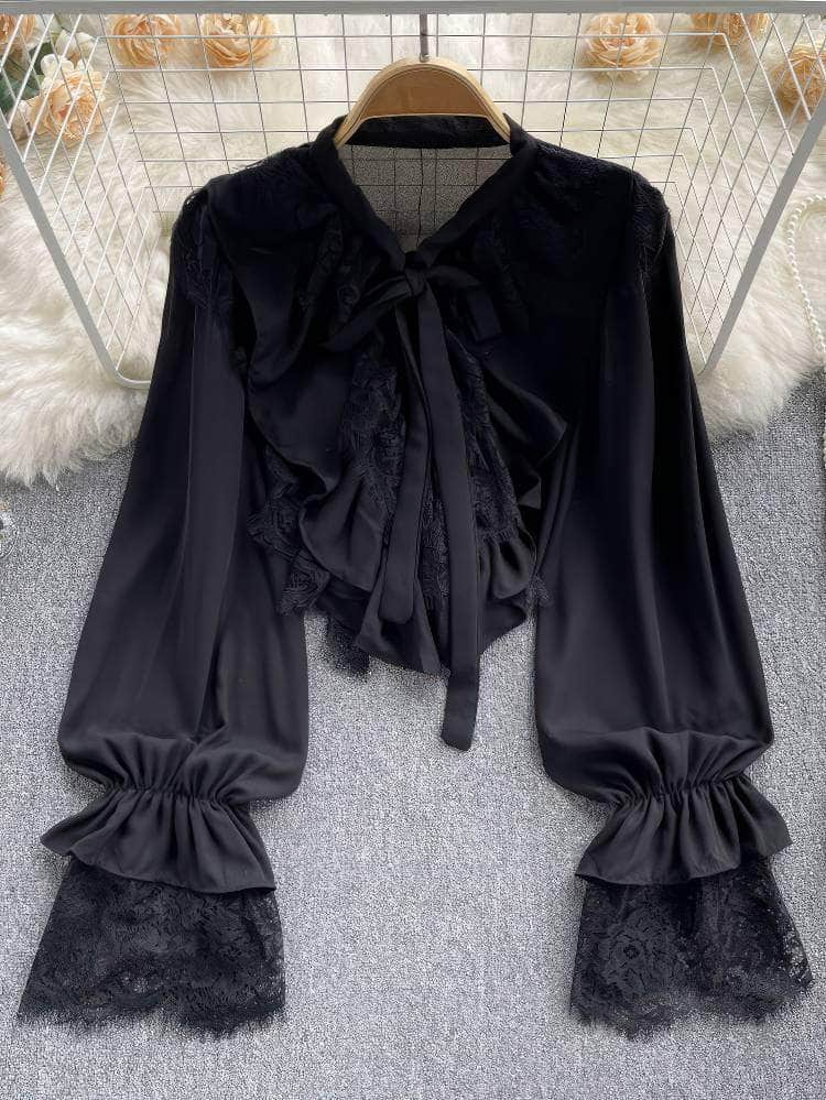 Flounce Sleeves Tie-Neck Lace Panel Blouse MAX SIZE / Black