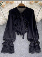 Flounce Sleeves Tie-Neck Lace Panel Blouse MAX SIZE / Black