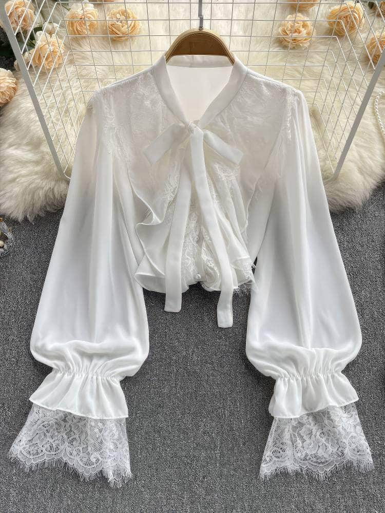 Flounce Sleeves Tie-Neck Lace Panel Blouse MAX SIZE / White