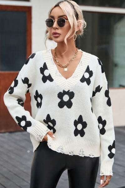 Flower Distressed V-Neck Dropped Shoulder Sweater White / S