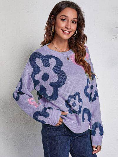 Flower Pattern Round Neck Long Sleeve Sweater Lavender / S