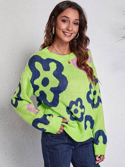 Flower Pattern Round Neck Long Sleeve Sweater Light Green / S