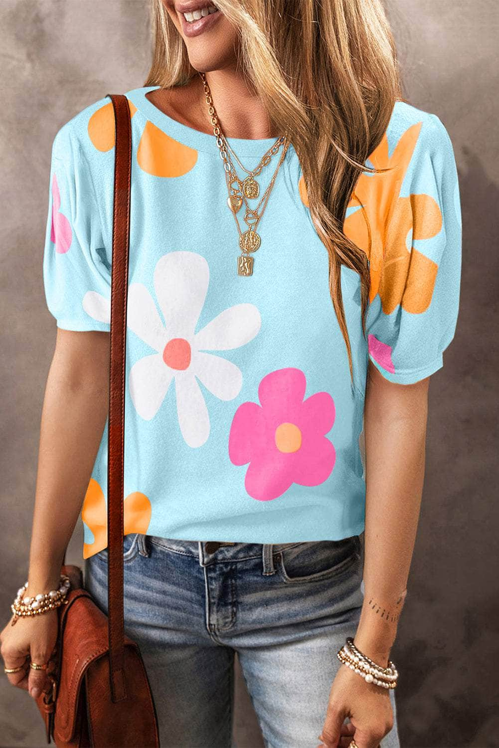 Flower Round Neck Short Sleeve Blouse Mint Blue / L