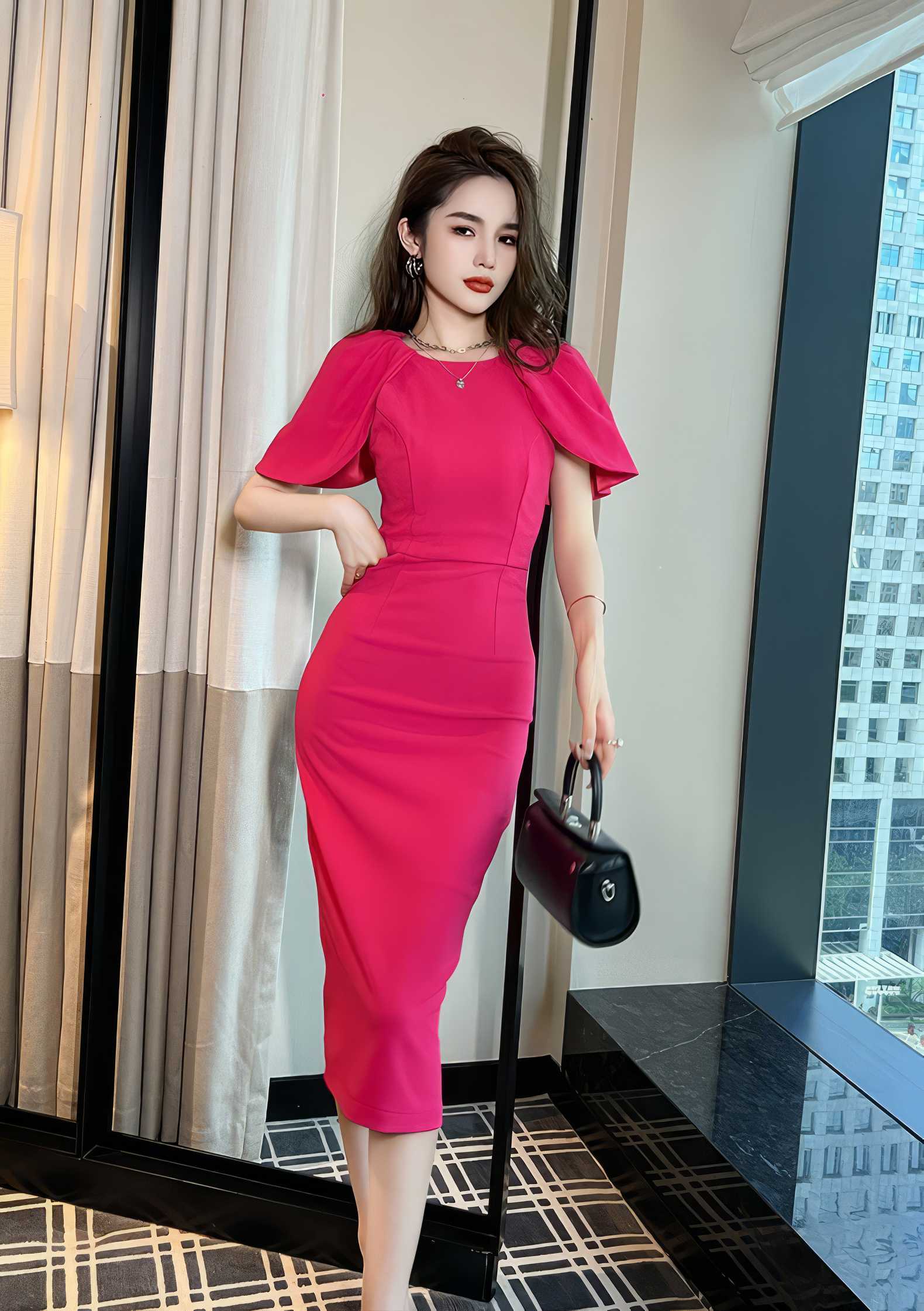 Flutter Sleeves Sheath Midi Dress