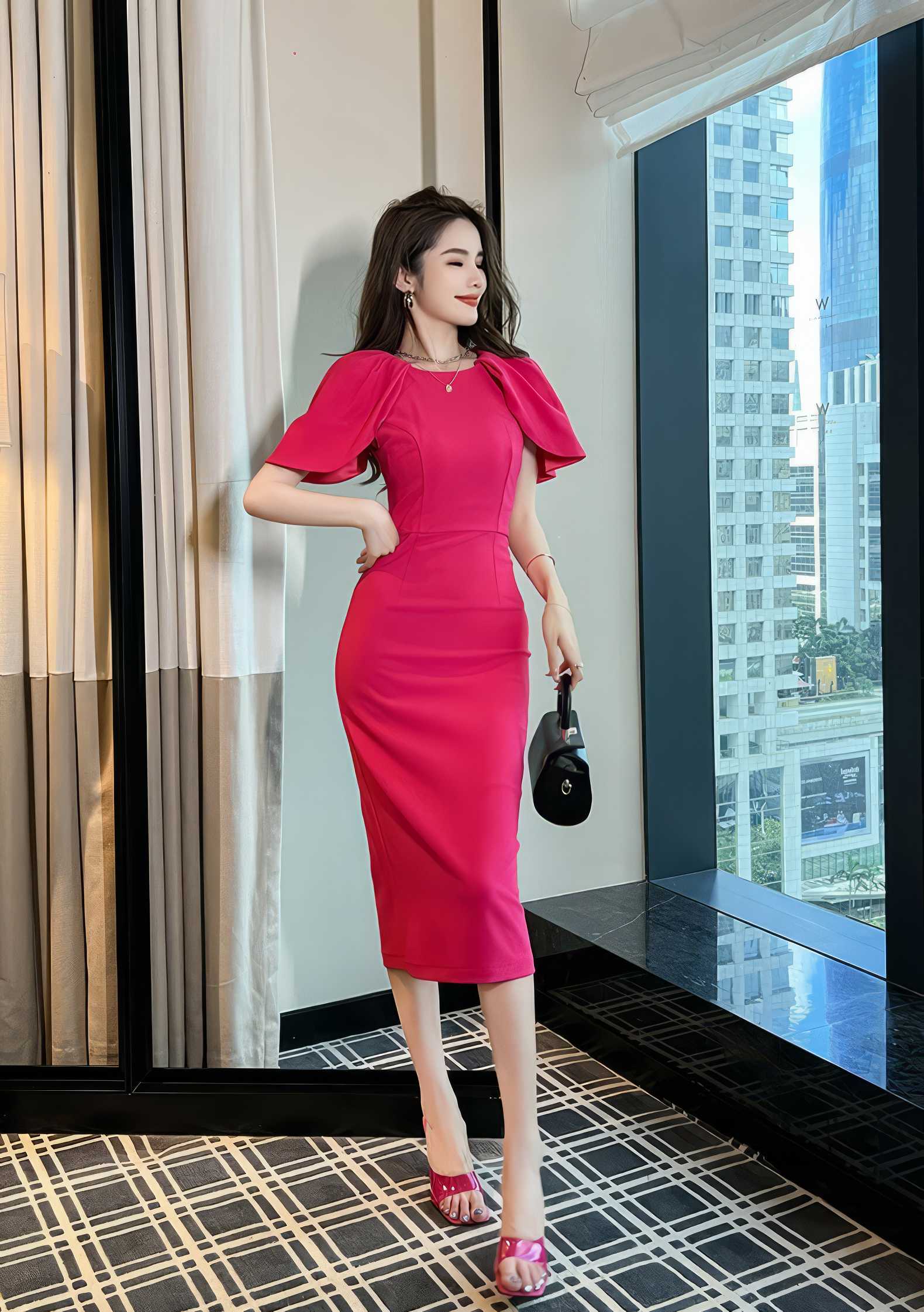 Flutter Sleeves Sheath Midi Dress