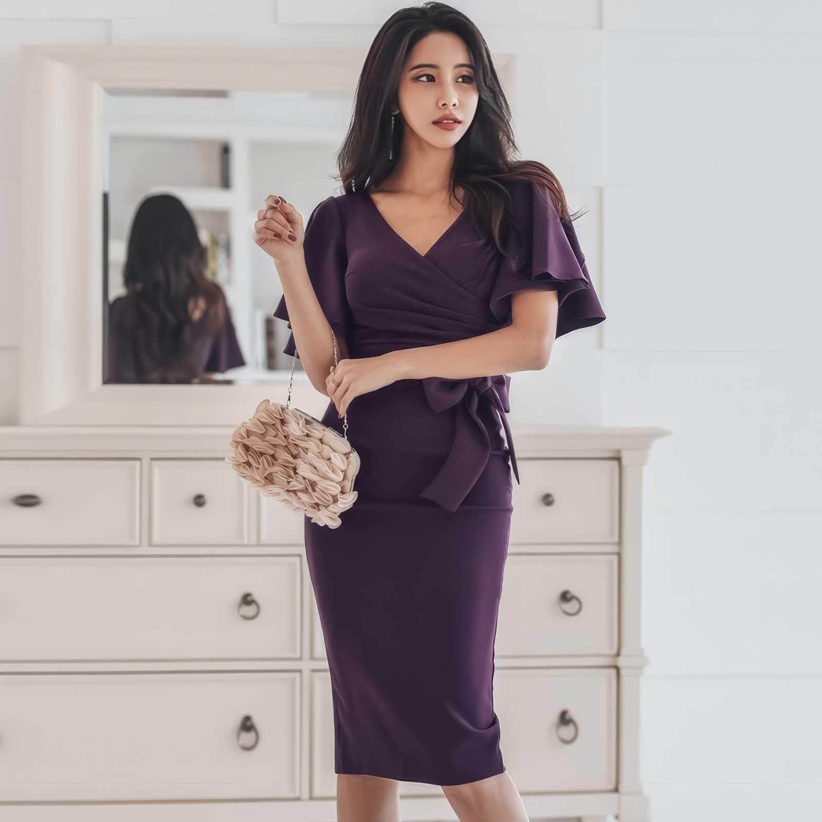 Flutter Sleeves V-Neck Side Knot Dress