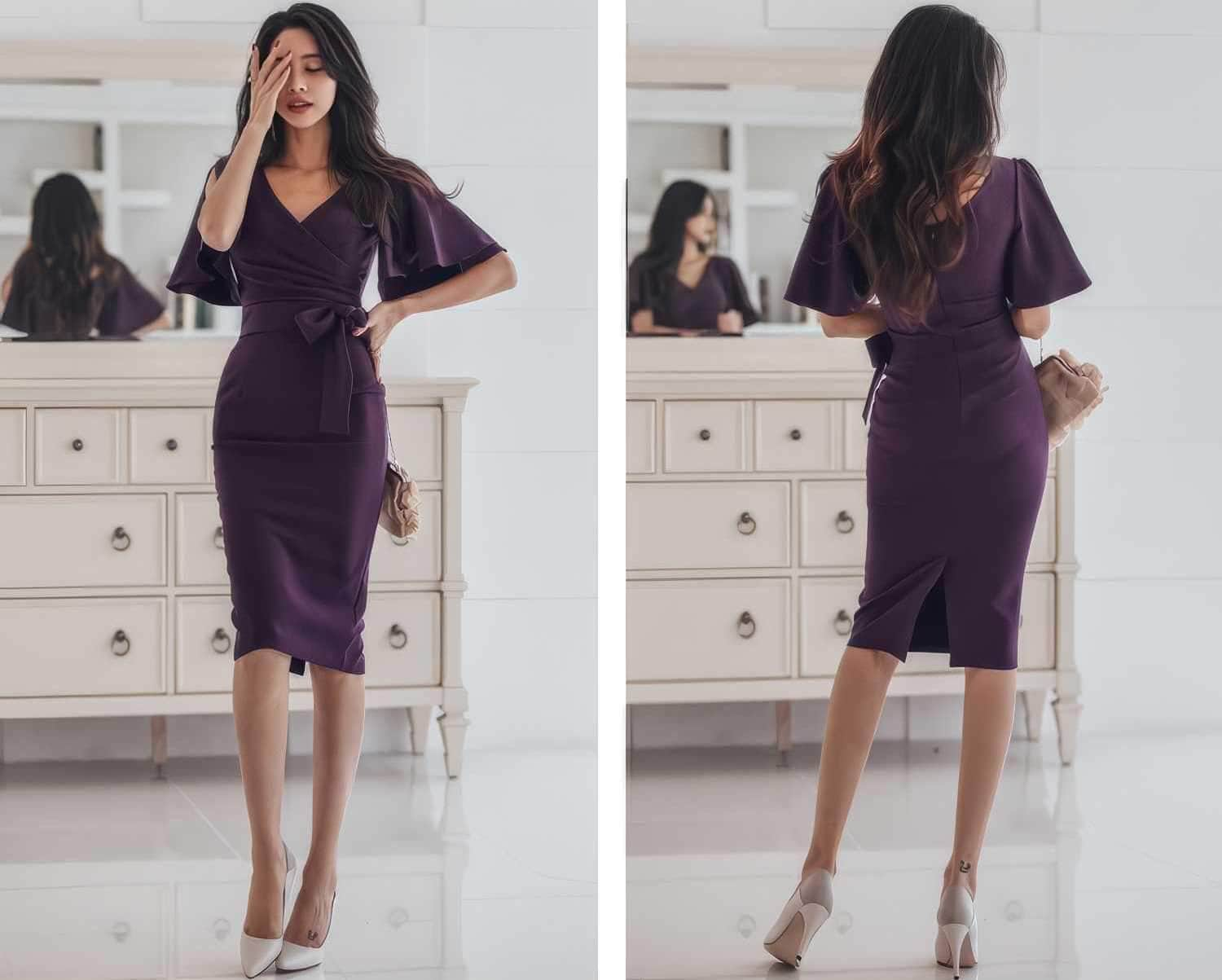 Flutter Sleeves V-Neck Side Knot Dress