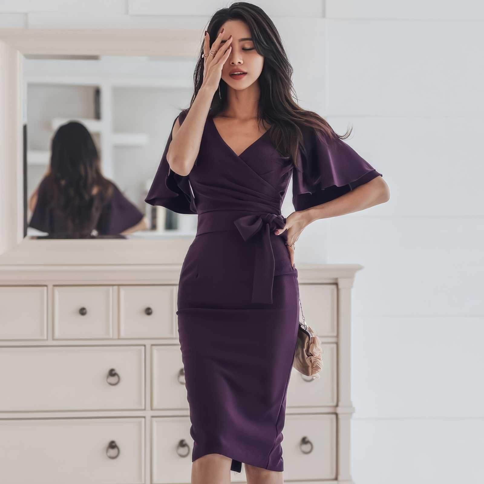 Flutter Sleeves V-Neck Side Knot Dress