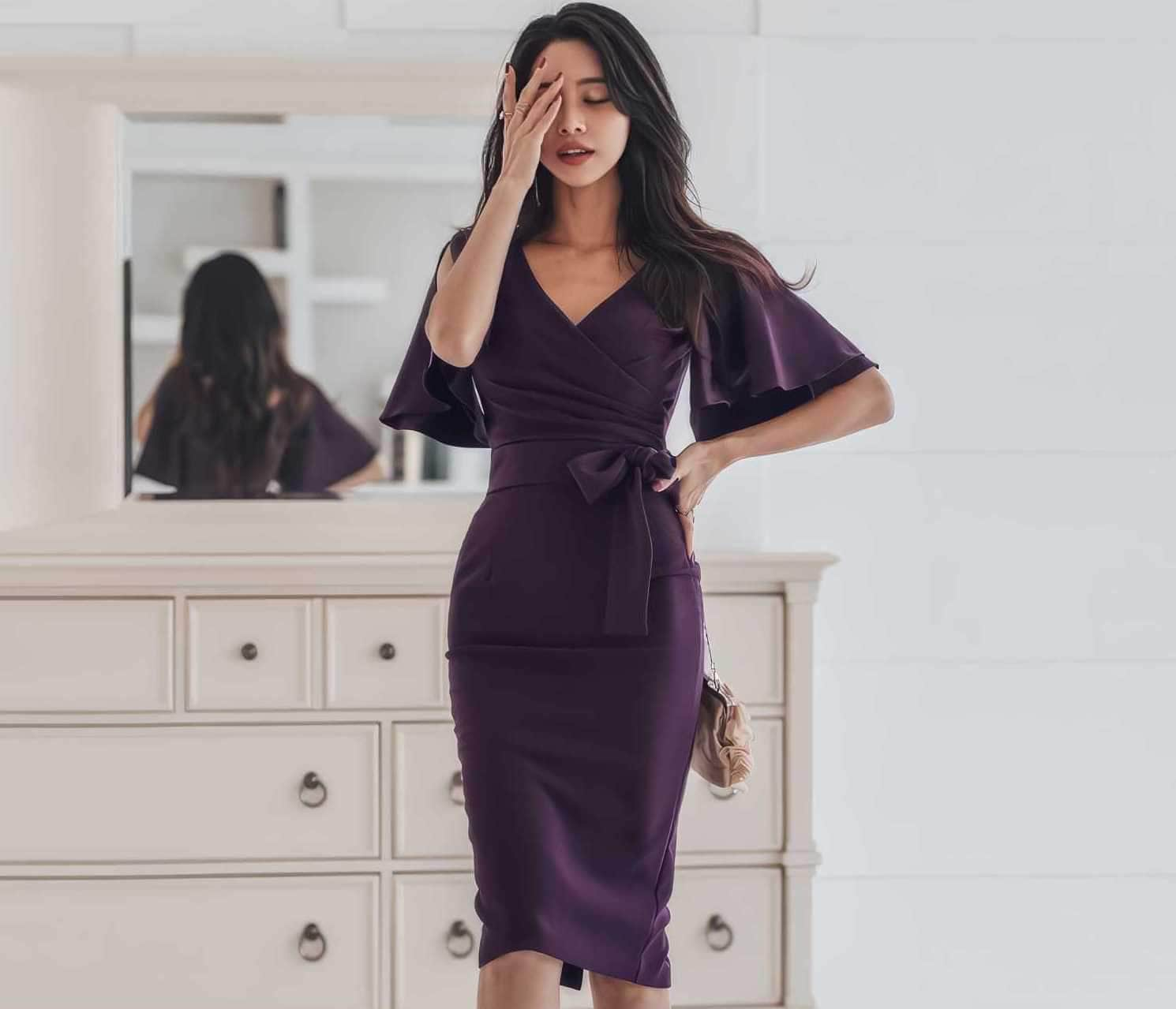 Flutter Sleeves V-Neck Side Knot Dress