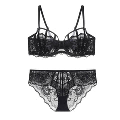 French Lace Floral Mesh Detailed Bra Panty Set 70A / Black