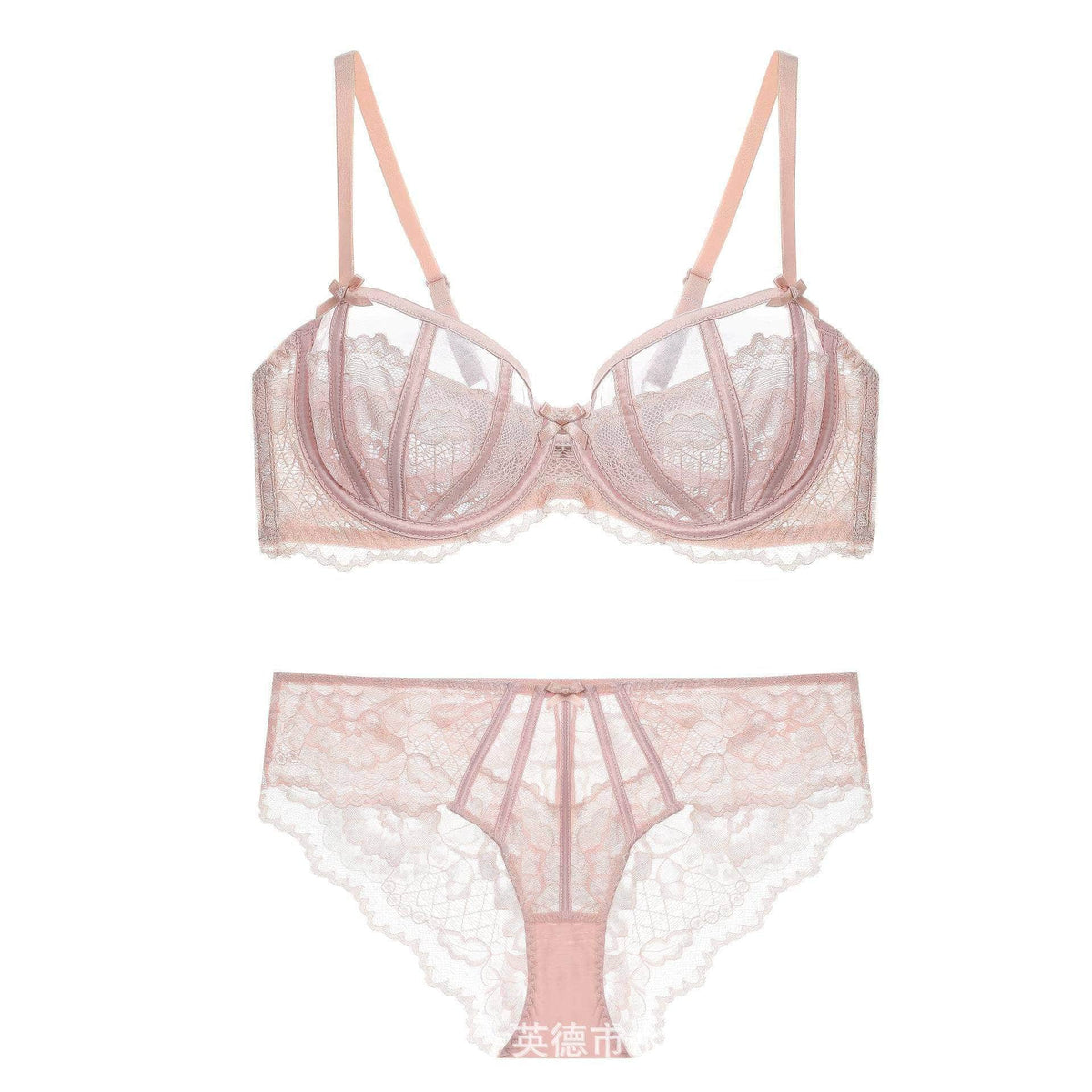 French Lace Floral Mesh Detailed Bra Panty Set 70A / Pink
